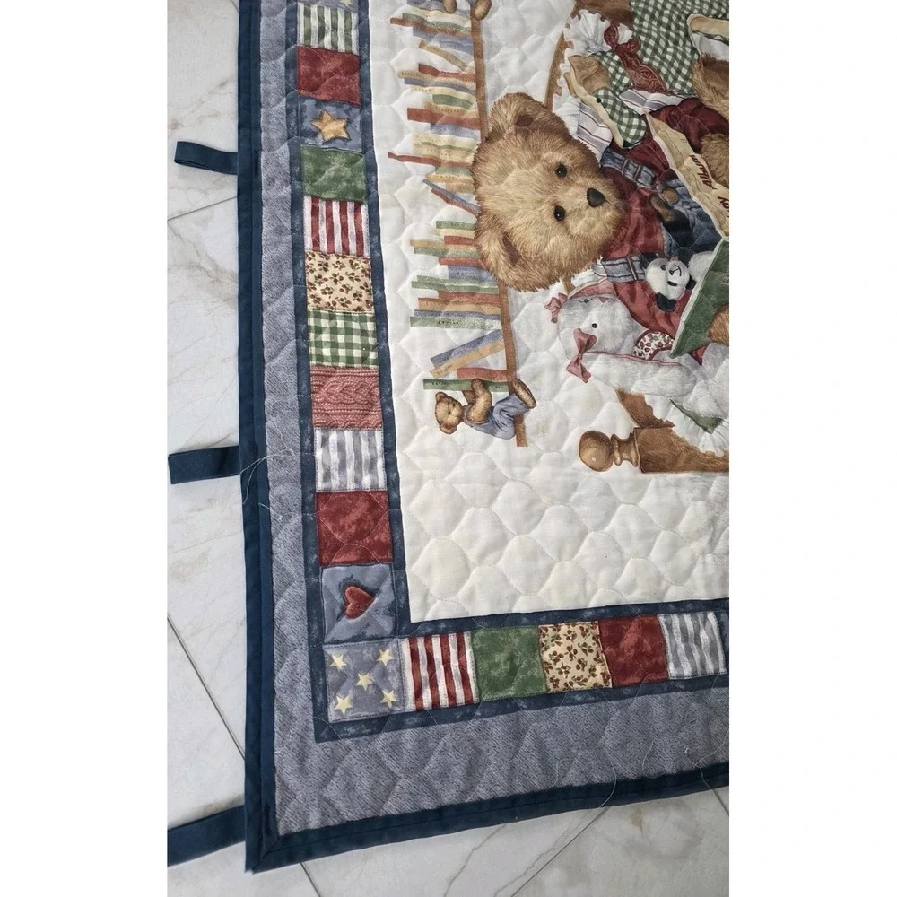 VTG Blue Jean Teddy Bear Toys Comforter / Quilted Baby Blanket Wall Hanging